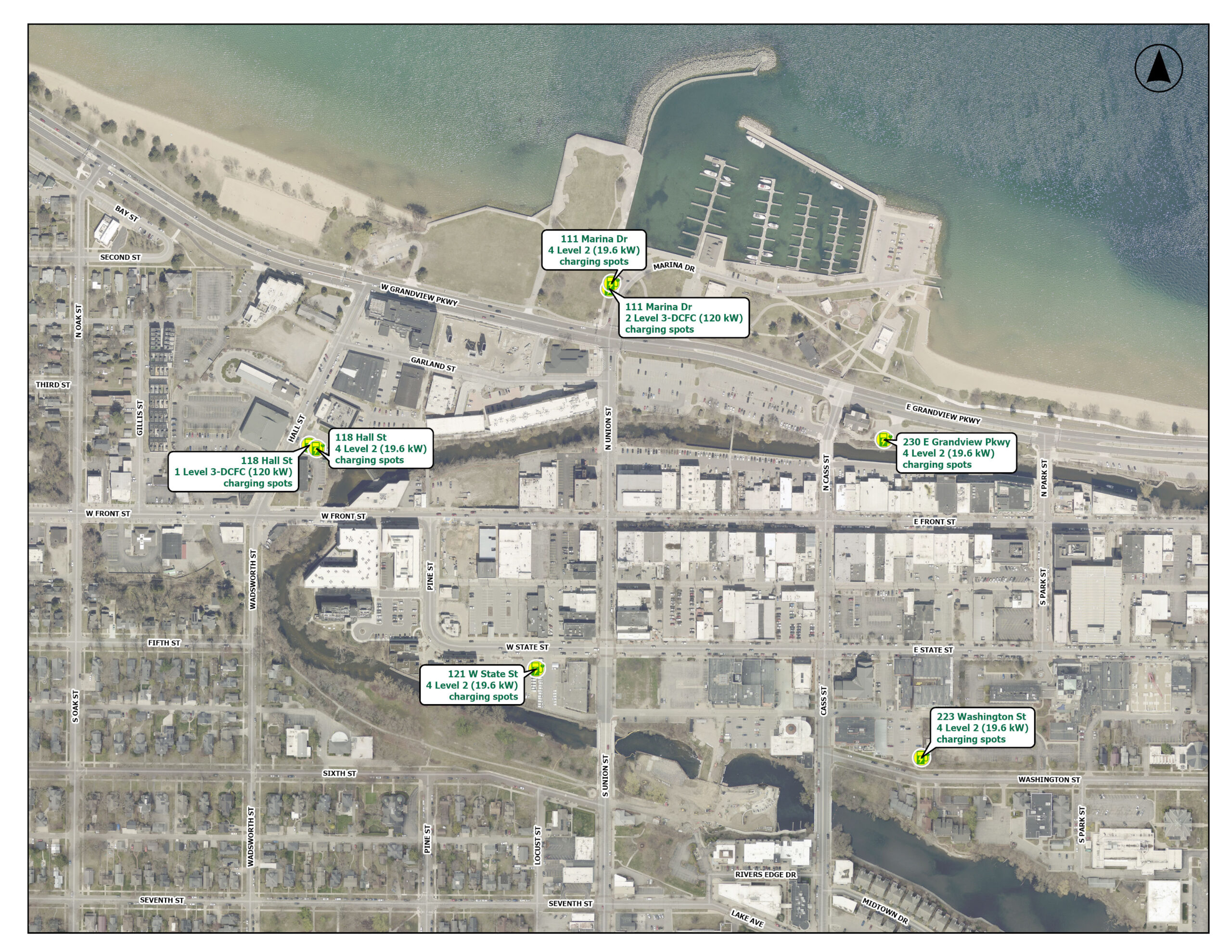 Map of TCLP electric vehicle charging stations in downtown Traverse City