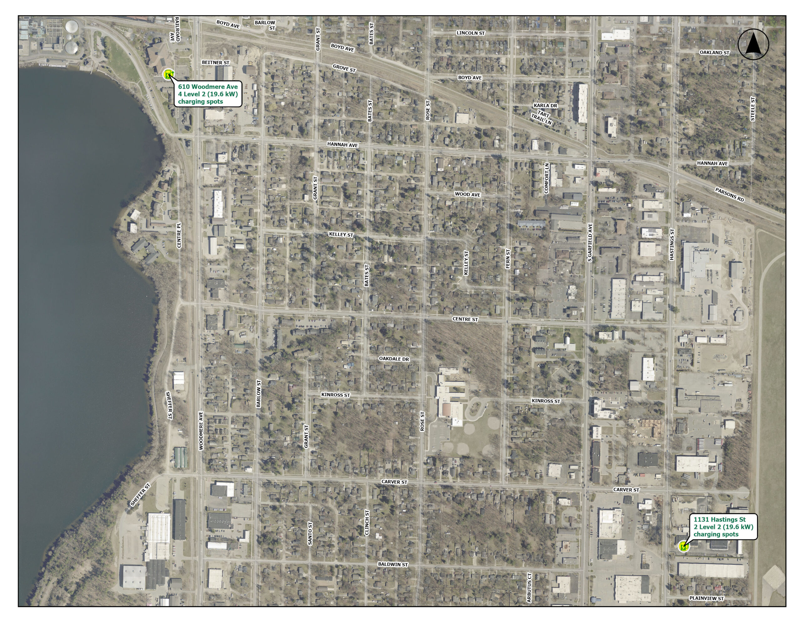 Map of TCLP electric vehicle charging stations on the east side of Traverse City