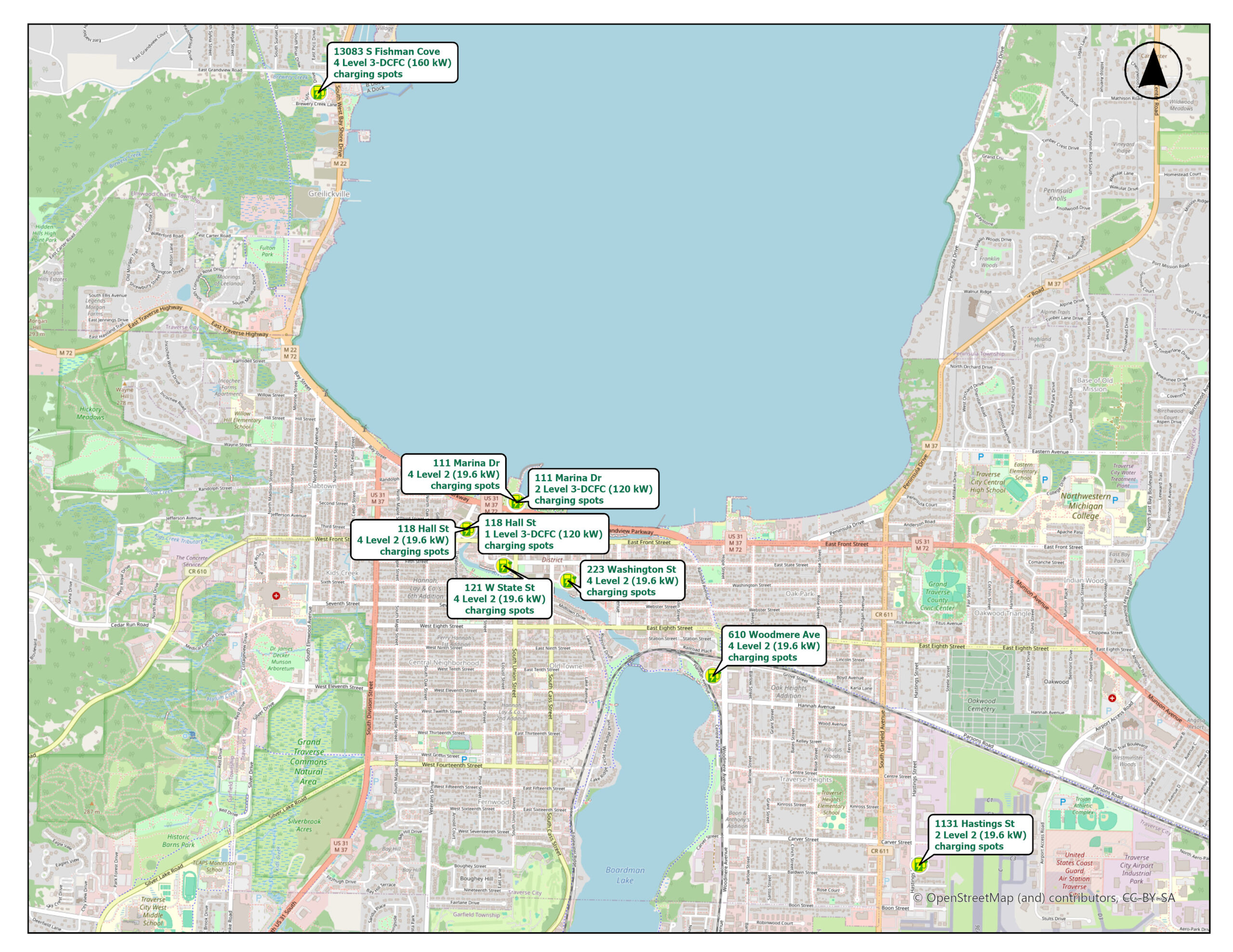 Overview map of TCLP electric vehicle charging stations in Traverse City