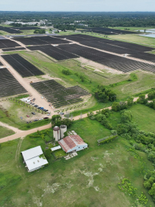 Aerial view of solar panel arrays at the Hart Solar project in Oceana County, Michigan