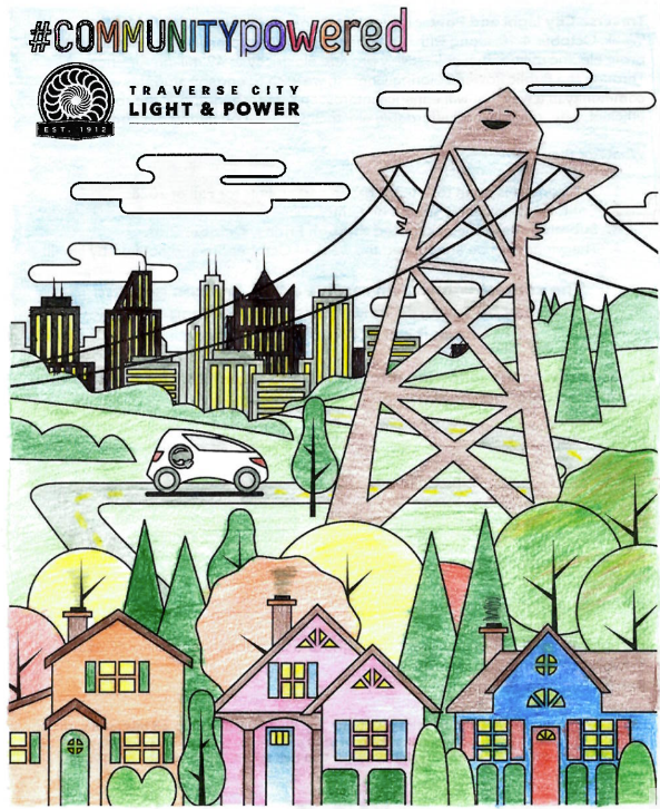 Winning artwork from TCLP’s 2026 Public Power Coloring Contest, featuring a colorful electric transmission tower, community buildings, trees and an electric vehicle.